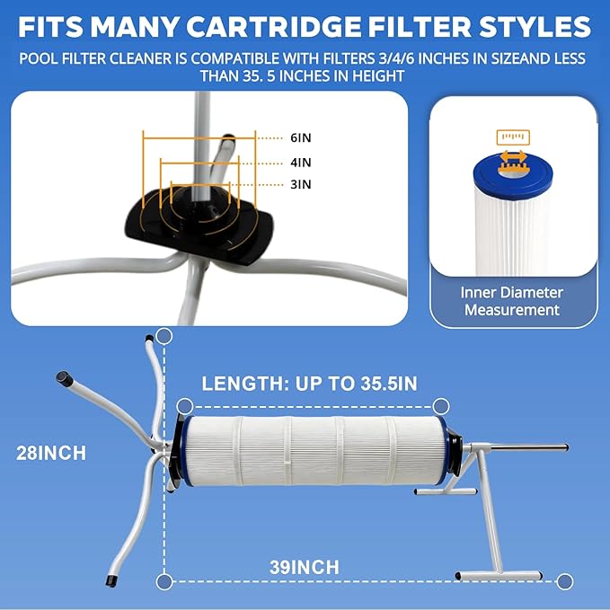 Pool Filter Cleaning Stand with Support Bar, Lay-Down Stand for Heavy Wet Cartridge Filters, Stainless Steel Center Post, Fits 3"/4"/6" Core Filters up to 35"