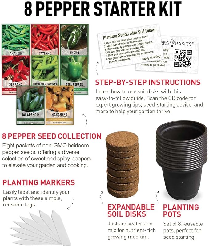 Pepper Seeds Variety Pack Indoor Pepper Growing Kit Our Pepper Seeds Kit Includes Green Bell Pepper, Anaheim, Jalapeno, Cayenne, Habanero, Ancho, Seranno and Hungarian Hot Wax Peppers