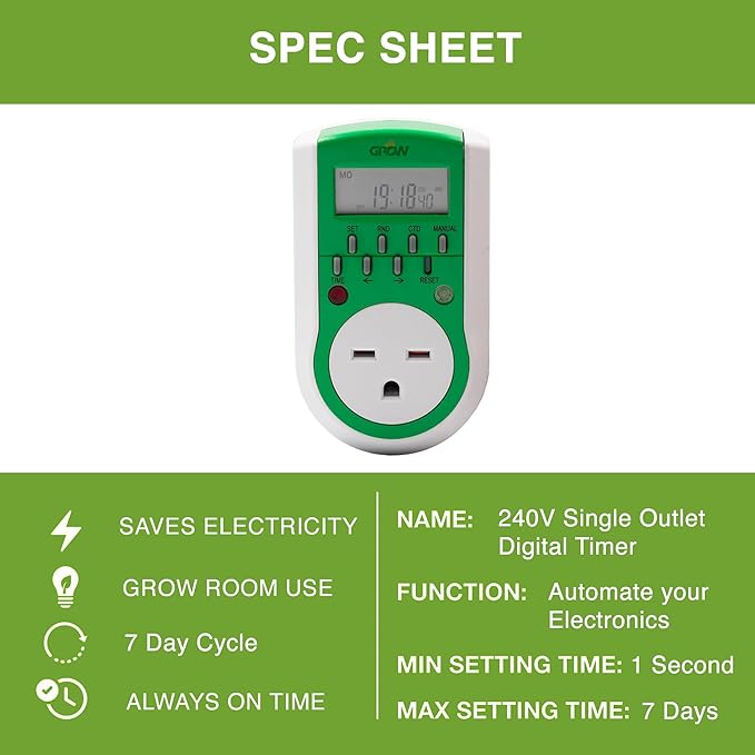 Grow1 240V Outlet Digital Timer, Single Outlet, 15A, Compatible with 220V, 230V & 240V Outlets, Great for Grow Lights, Reptile Enclosures & Aquarium Timer