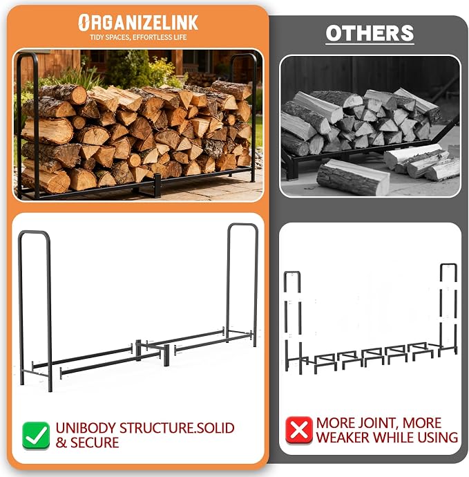 8ft Firewood Rack Outdoor with Cover, Heavy Duty Square Metal Wood Storage Log Holder Stacker, Indoor/Outdoor Use