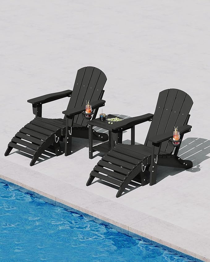 GarveeLife Folding Adirondack Chair Set of 2 with Ottoman, All-Weather HDPE Outdoor Chair, Wooden Textured with Cup Holder for patios, Decks, Gardens, fire pits, Black