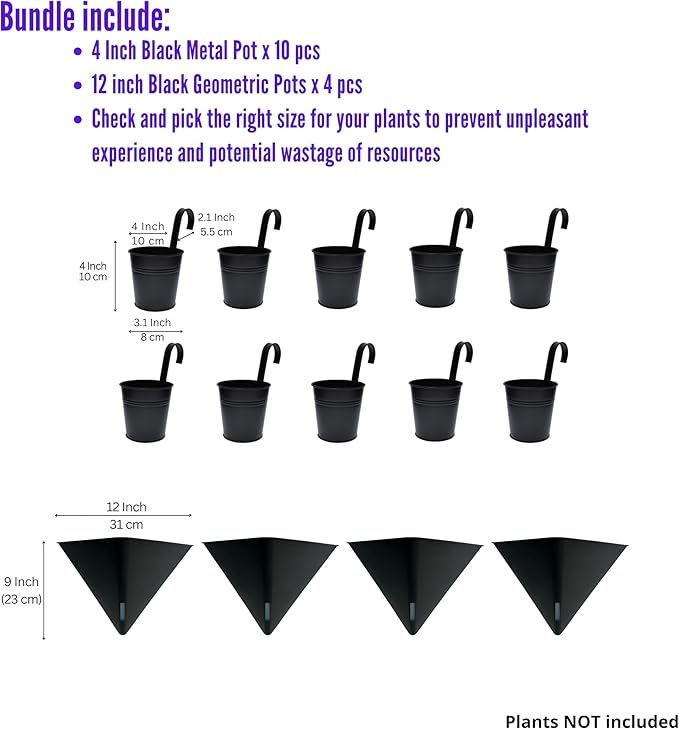 LaLaGreen Bundle- 10 Pack, 4 Inch Black Metal Pot + 4 Pack, 12 Inch Self Watering Pot Geometric Hanging Vertical Wall Mounted Flower Vase Balcony Porch Home Decor Succulent Herbs Plant Holder Garden