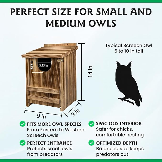 Pine Wood Owl Nesting Box with Shavings for Screech Owls & American Kestrels, 14" x 9" x 9" Outdoor Owl House, Weatherproof, Durable & Easy to Install, Charred Brown Color