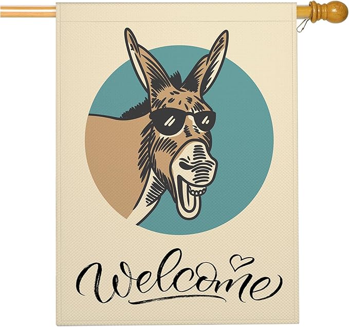 Mugod Funny Donkey House Flags for Outdoor Decoration, Donkey With Sunglasses Happy Wildlife Large Yard Flag Burlap Banner 28 x 40 Double Sided Seasonal Flag Outside
