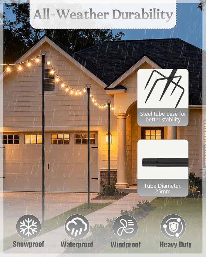 Breeze Touch 4-Pack 10 Ft Reinforced String Light Poles for Outdoor Use, Heavy-Duty Metal Poles with V-Fork Tops for Patio, Deck, Backyard, Garden, Wedding, Party