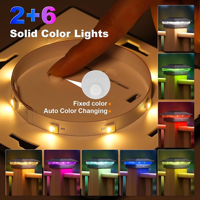 APONUO Solar Post Cap Lights Color Changing - RGB 8 Solid & Gradient Colors, IP65 Waterproof, for 4x4 5x5 6x6 Wood Vinyl Fences, Deck, Patio, Yard, Black, 16 Pack