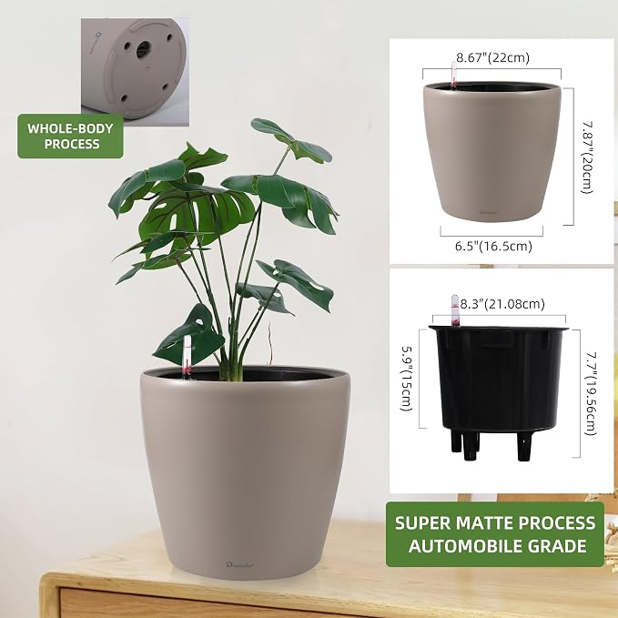 Dexceder 9x8 Self Watering Planter (Taupe Matte) | Inner Pot Design, Thickened Table Flower Plant Pot with Water Level Indicator Indoor Outdoor