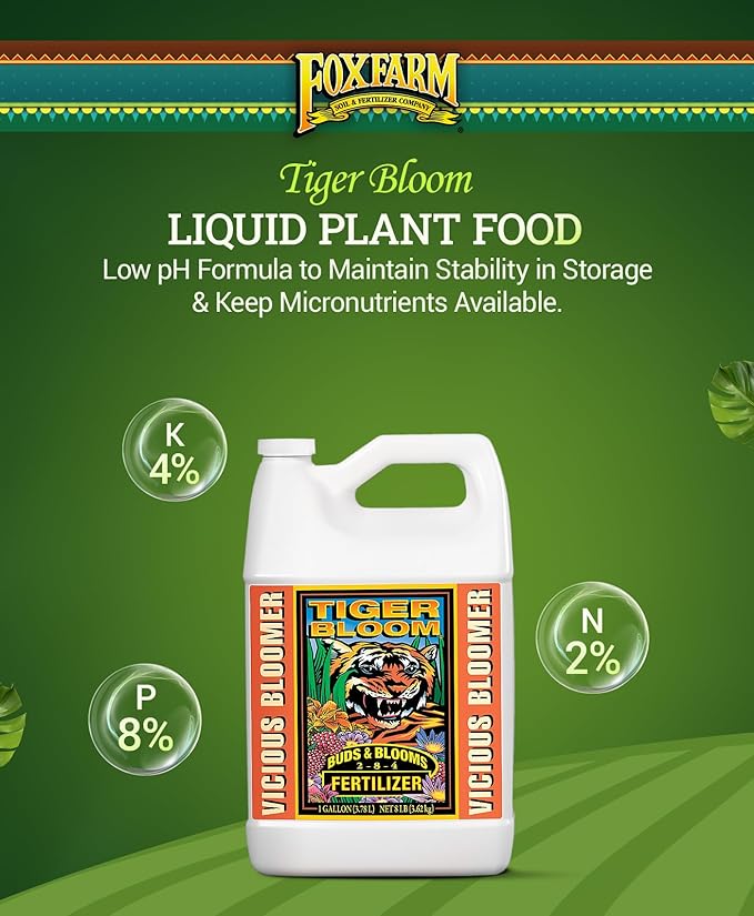 FoxFarm Tiger Bloom Liquid Plant Food - Phosphorus Fertilizer for Buds, Blooms & Flowering - Supports Soil & Hydroponic Systems - High Micronutrient Formula with 2-8-4 Nutrient Ratio - 1 Gallon