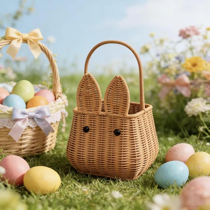 Picnic Basket, Garden Harvest Basket, Wicker Shopping Baskets with Fixed Handle, Reusable Handwoven Market Baskets for Carrying Shopping Storage Gathering (Brown, Bunny Ears)
