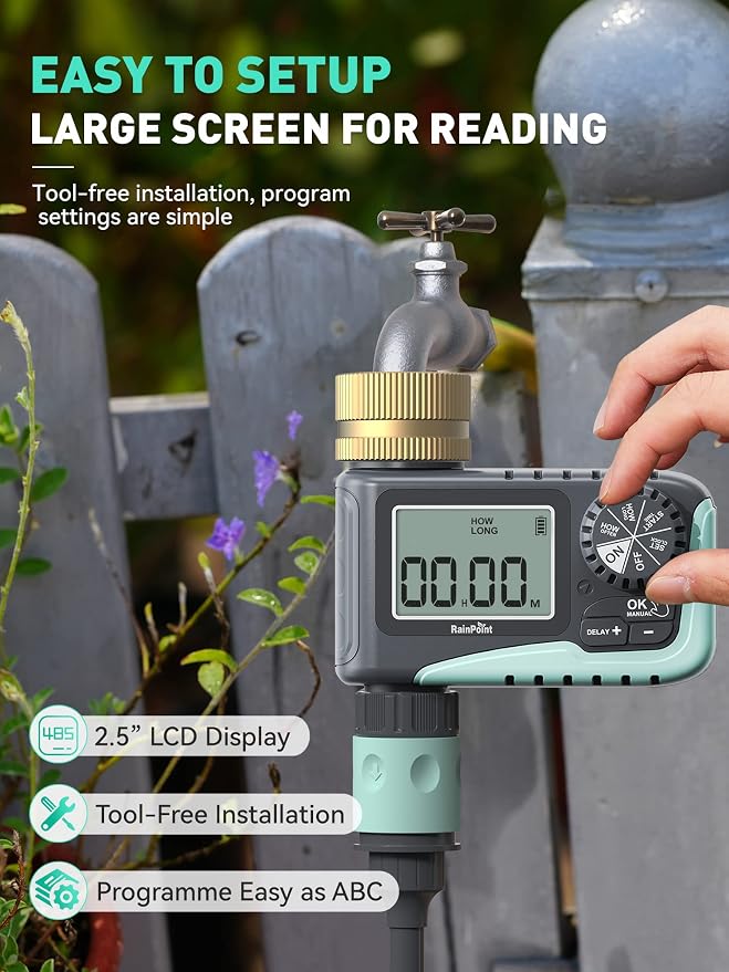 RAINPOINT Sprinkler Timer with Brass Swivel, Rain Delay/Manual Watering/Automatic Irrigation Controller System Hose Timer Programmable Faucet Timer for Yard