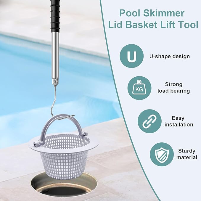 Pool Skimmer Basket Hook, 22 Inch Stainless Steel Pool Skimmer Handle, Skimmer Basket Handle, Pool Basket Lid Lifting Hook with Anti-Slip Handle for Inground Pools Skimmer Basket Debris Removal