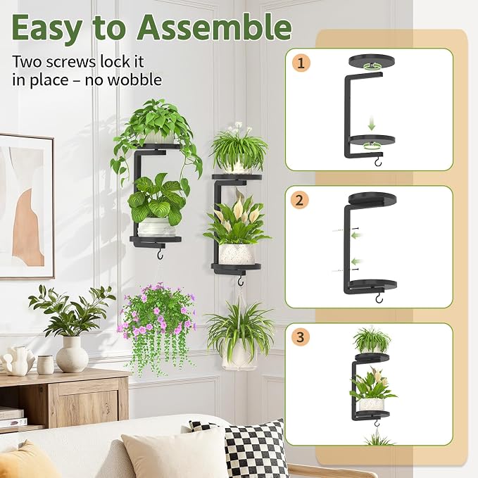 LASZOLA Plant Hangers Holder Wall Mounted Indoor, Metal 2 Tier Window Hanging Plant Shelves, 2Pcs Modern Floating Flower Display Stand with 2 Hooks for Outdoor Kitchen Bathroom Decor, Black