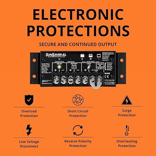 Morningstar SunSaver 6A PWM Solar Charge Controller (SS-6L-12V) - Solar Panel Regulator for 12V Batteries, Four Stage Battery Charging, LVD, HazLoc Rated, Low Noise, 5 Year WTY - Designed in The USA