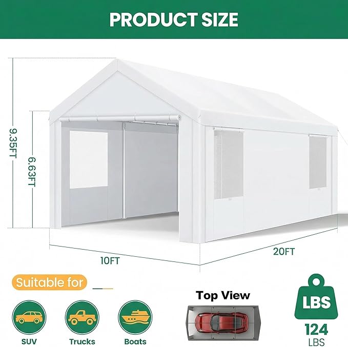 COBIZI 10x20 FT Heavy Duty Carport with Galvanized Frame, Carport Canopy with Roll-up Windows, Storage Tent with Removable Sidewalls & Doors, Built-in Sandbags for Car Boat Truck, White