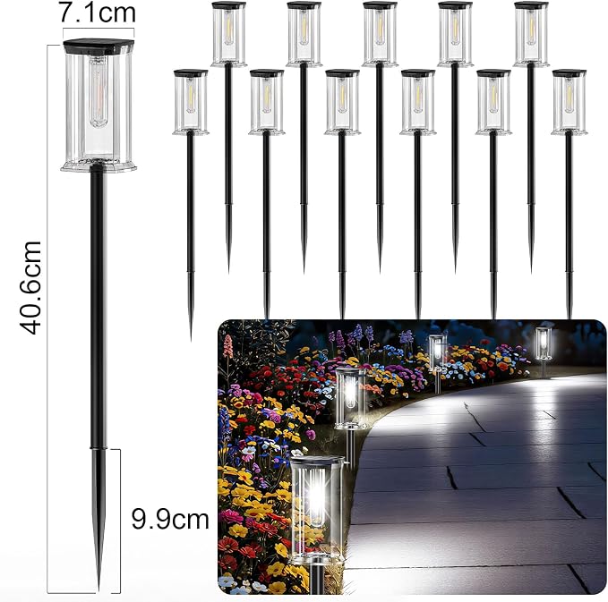 12 Pack Solar Lights Outdoor,IP65 Waterproof Solar Pathway Lights Outdoor Garden Light, Solar Lights Pathways Cool White LED Landscape Lighting for Walkway, Driveway, Yard, Patio, Garden Decor