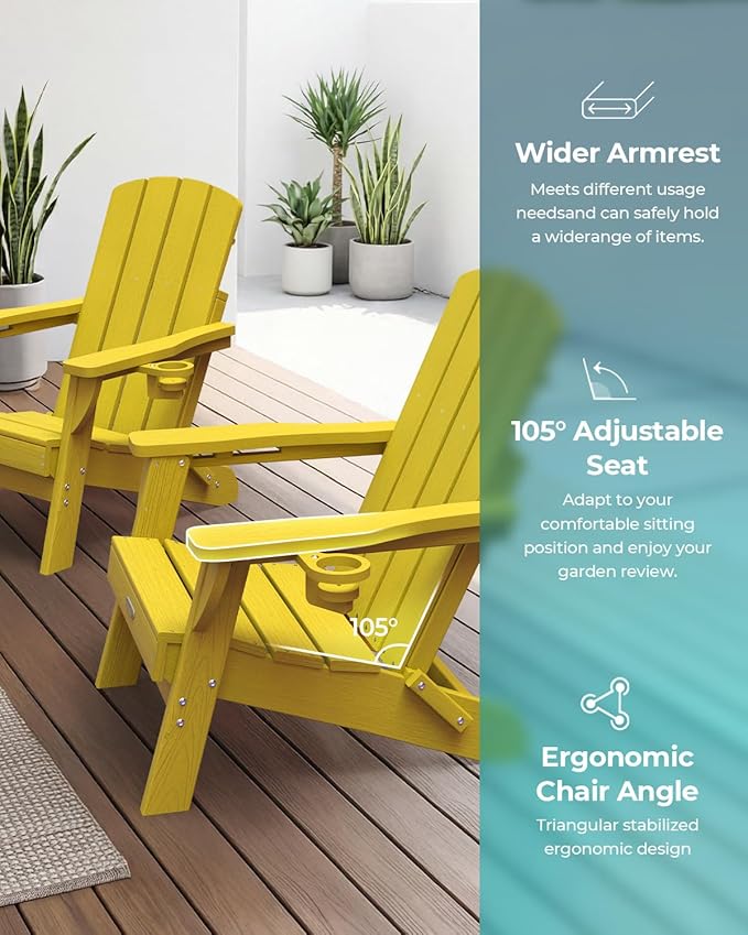 Folding Adirondack Chair Set of 4, HDPE Adirondack Chairs with 2 Cup Holder, Plastic All-Weather Fire Pit Chairs, Outdoor Lawn Chair for Patio Garden (Yellow)