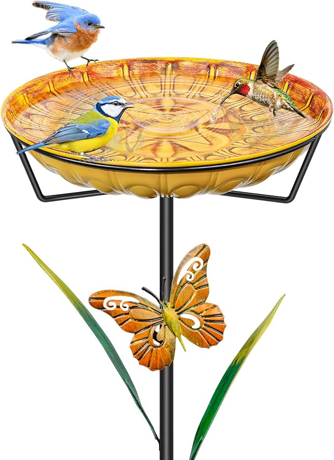 35In Metal Bird Bath for Outdoors, Easy to Clean Birdbaths with Removable Bowl Stable Upgrades Stake, Freestanding Bird Baths Feeder Bowl for Outdoors Garden Patio Yard Lawn Decor (Yellow)