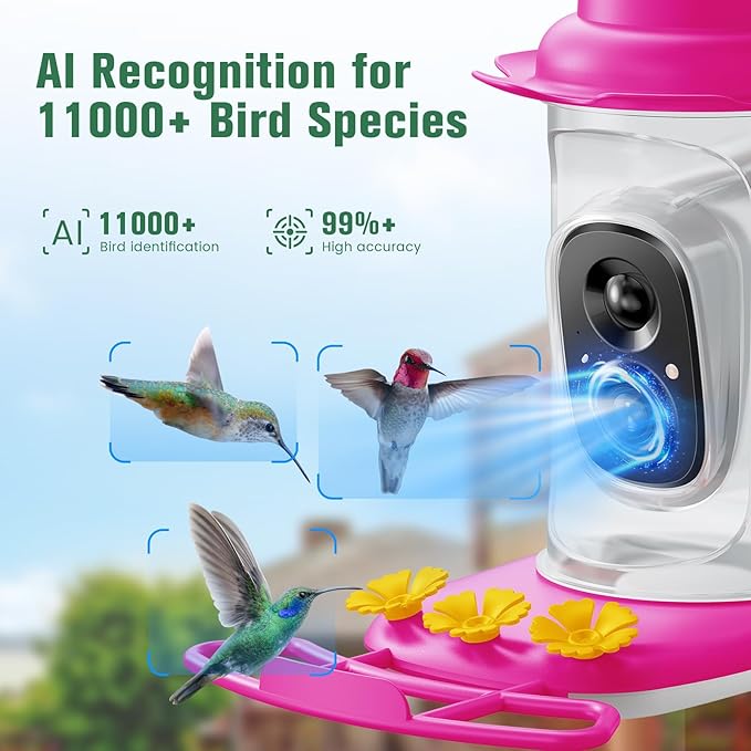2.5K Hummingbird Feeder with Camera, Wireless Smart Bird Feeders for Outdoors, 2.4Ghz WiFi, AI Bird Identify, Instant Notification, Include 32GB SD Card, Ant Moat & Bee-Proof (Pink)