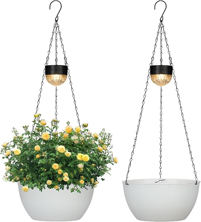 SUNNYPARK 2 Packs Hanging Planters Basket for Outdoor Plants, Solar Powered Self Watering White Round Plastic Flower Pots with Drainer for Balcony Patio Garden Outdoor Decoration