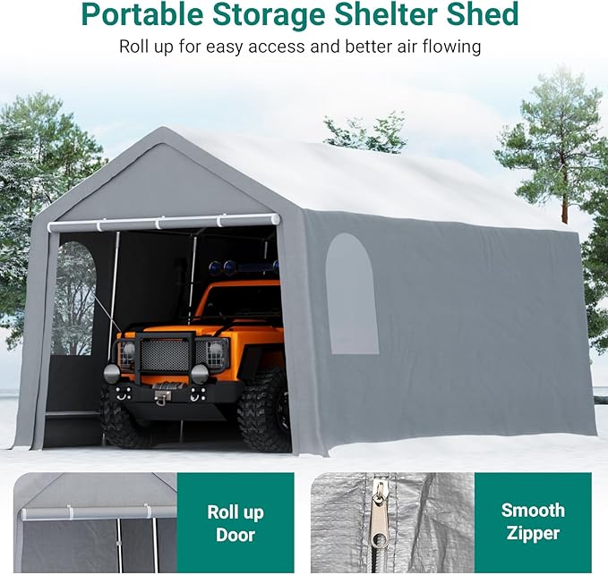 13'x20' Heavy Duty Grey PE+Steel Carport Canopy, Waterproof Outdoor Storage Shelter for Bike & Firewood