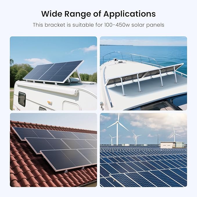 Adjustable Solar Panel Tilt Mount Brackets, Aluminum Alloy, 15°–30° Tilt, for 50–400W Solar Panels, Roof, RV, Boat, Flat Surface & Off-Grid Use (2 Sets)