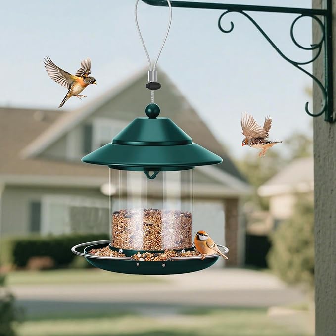 Bird Feeder, Hanging Metal Bird Feeders for Outdoors with 2LB Clear Tube Seed Capacity for Viewing Cardinal Finch, Chew Proof Wild BirdFeeders for Outside Garden Yard Decoration