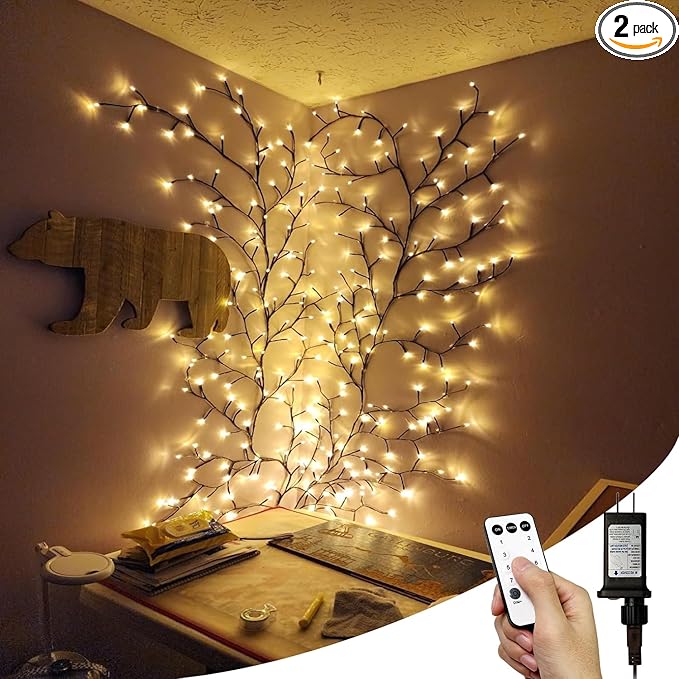 NIDISETPJAS 2Pcs Enchanted Willow Vine Lights with Remote, Christmas Swags Decorations Indoor Room Decor, 18 Branches 144 LEDs Lighted Willow Vine Lights for Walls Bedroom Home Decor
