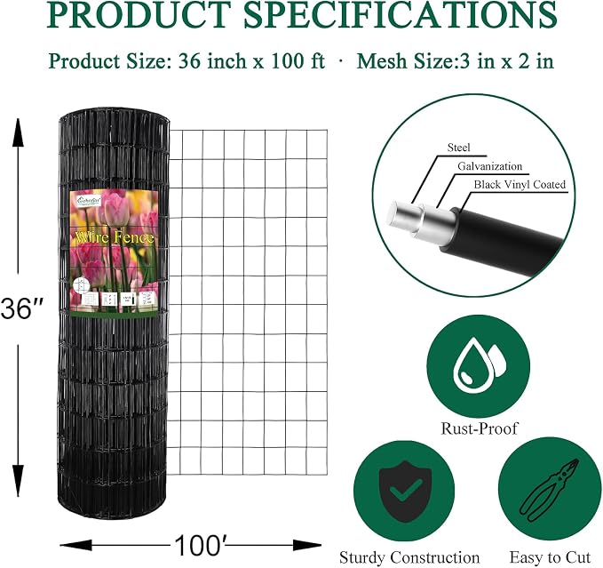 FOREHOGAR Black PVC Coated Welded Wire Fence 36 Inch x 100 Foot, 2 Inch x 3 Inch 16GA, Garden Border Fencing Roll Vinyl Coating Metal Wire Mesh for Yard Vegetable Plant Protection Poultry Netting