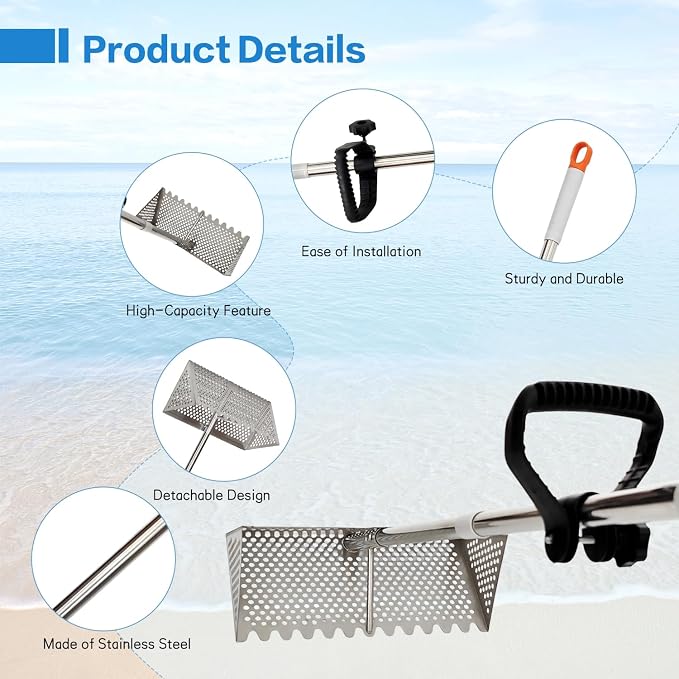 Sand Flea Rake, Detachable Long Handle Sand Sifter for The Beach, The Shark Tooth Screen Comes with a 16in Wide Drain Screen