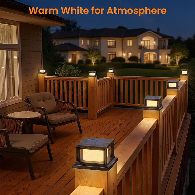 Mlambert 4 Pack Solar Post Lights Outdoor, 2 Modes LED Fence Cap Light for 4x4 Post, Waterproof Deck Light Patio Garden Decor, Warm/Cool White, Brown
