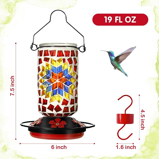 Glass Hummingbird Feeder, Red Hummingbird Feeders for Outdoors Hanging, 19 Ounces, Mosaic Flower Bottle Easy to Clean, 5 Feeding Ports, Ant Moat Included
