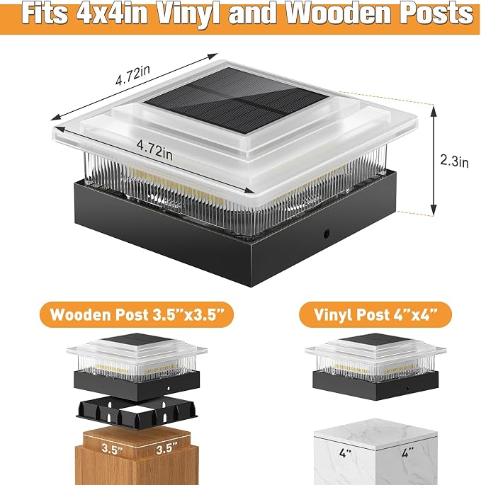 4x4 40 Lumens Post Solar Lights 8 Pack, Fence Post Solar Lights 4 Lighting Modes Solar Post Cap Lights for 4x4 3.5x3.5 Wood/Vinyl Posts, IP67 Waterproof Post Lights for Fence Mailbox Porch Post