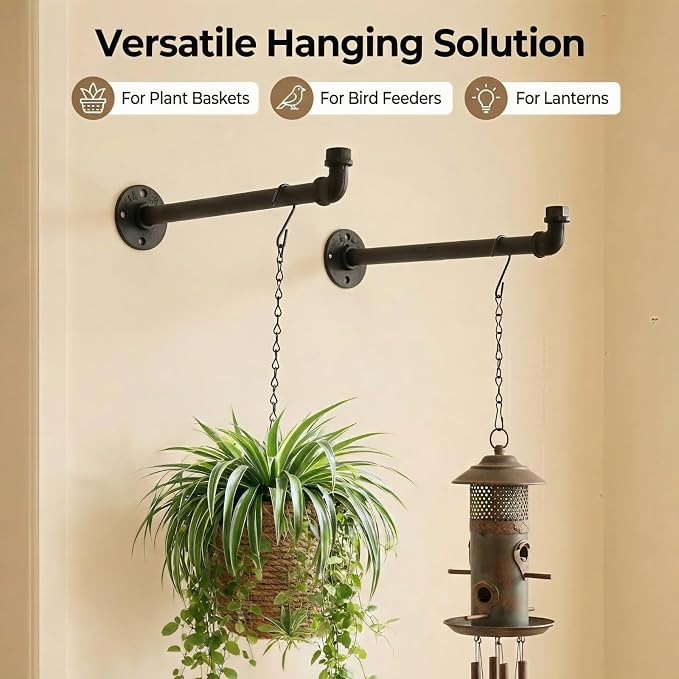 2 Pack Black Metal Pipe Plant Hanger Indoor with Hanging Chains, Industrial Window and Wall Mounted Hanging Rod Planter for Plants, Pot/Plant Not Included