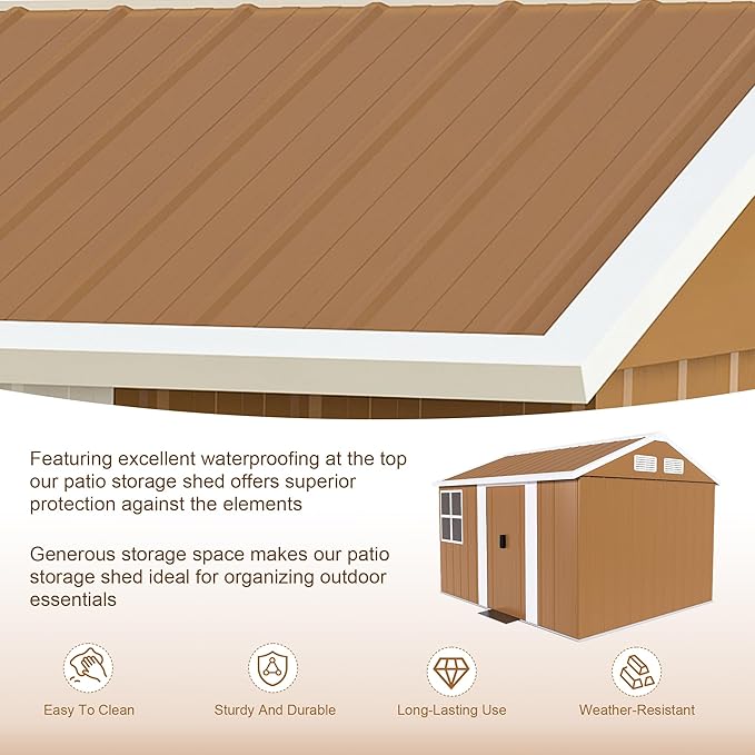 YOPTO 8X10 FT Metal Sheds & Outdoor Storage,Waterproof Large Backyard Shed House W/Windows and Sliding Door,Heavy-Duty Tool Organization with Sloped Roof & Vents,for Garden Pet House,Brown