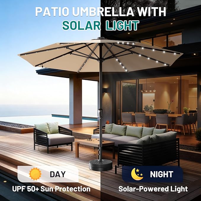 AreShark 11FT Large Patio Umbrella with Solar Lights, Lighted Solar Umbrella with Crank, Outdoor Table Market Umbrellas for Garden, Deck, Backyard, Pool and Beach, Beige