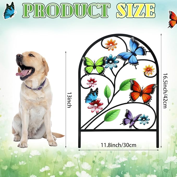 Yaocom 12 Pack Butterfly Decorative Garden Fence 16.5''H x 11.8''W Animal Barrier Border Butterfly Flower Design Metal Arch Garden Fence Border for Spring Outdoor Patio Yard Landscape Decoration