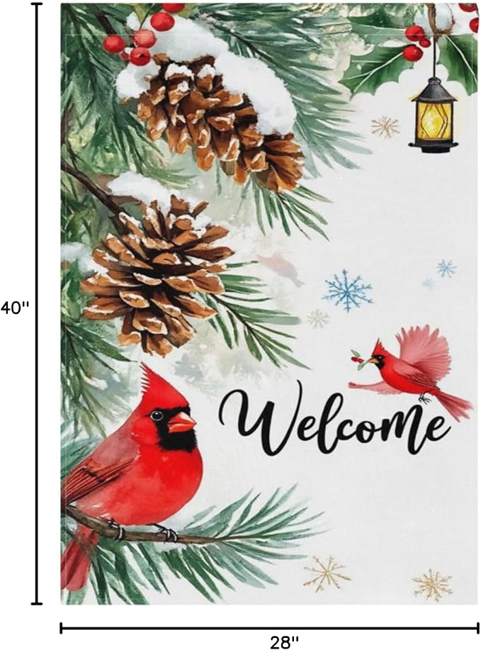 Welcome Winter Cardinal Birds House Flag 28x40 Inch Double Sided Outside Christmas Poinsettia Snowflake Xmas Seasonal Yard Outdoor Flag Banner for Garden Lawn Patio Holiday Decorations