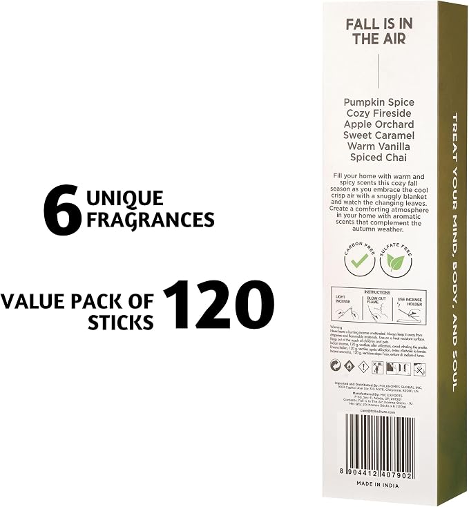 Folkulture Incense Sticks | Set of 6 (120 Fall Incense Sticks) | Non Toxic Fall Scents with 45 Min Burn Time | Pumpkin Spice, Apple Orchard, Caramel, Vanilla | Organic Inscent for Fall Essentials