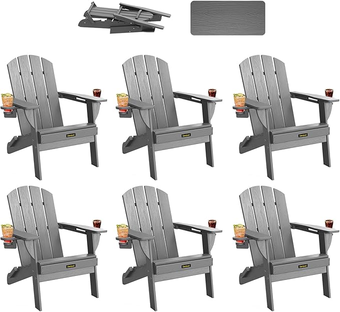 Folding Adirondack Chair Set of 6, Wooden Textured Plastic Adirondack Chairs with 2 Cup Holder, Weather Resistant HDPE Fire Pit Chair, Outdoor Patio Chairs for Garden, Backyard, Lawn, Deck, Grey