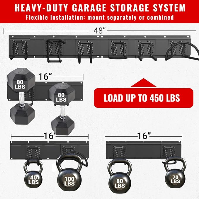 Garage Tool Organizer Wall Mount, Easy to 48inch Install Heavy-Duty Garage Storage System with 6 Adjustable Hooks, Garden Tool Rack for Shovels, Rakes, Yard Tools (Combo 2)
