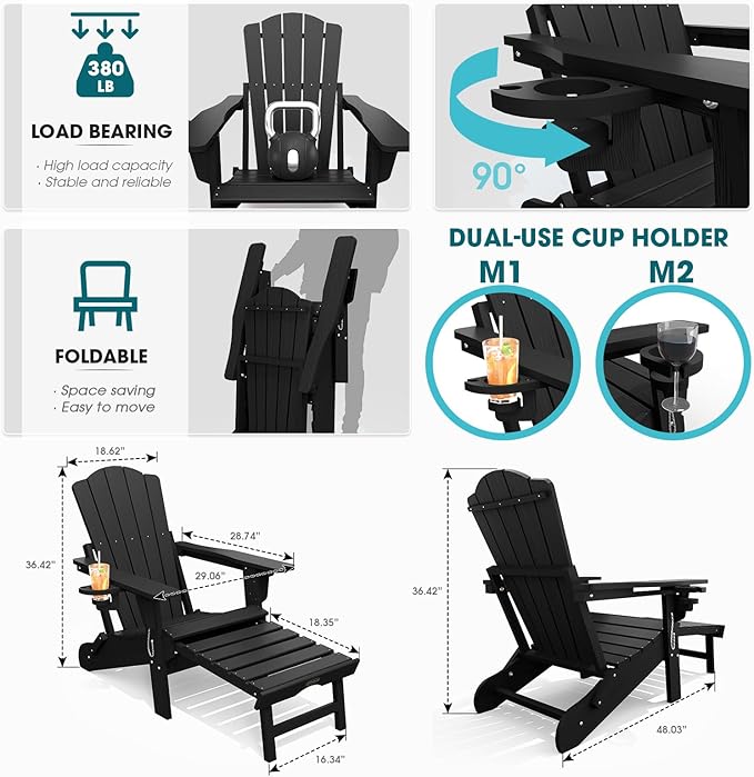 THOEOE Folding Adjustable Adirondack Chairs with Ottoman & 1 Cup Holders Set of 2, HDEP Multifunctional Adirondack Chair with Footrest,Black