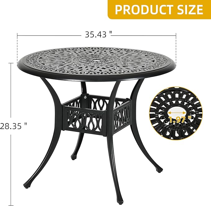 DWVO 35 Inch Outdoor Dining Table Cast Aluminum, Patio Round Bistro Table with Umbrella Hole for Backyard, Garden, Patio, Porch, Black