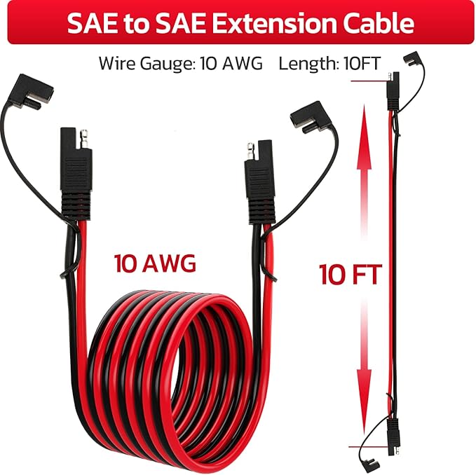 10AWG SAE Extension Cable 10 Gauge SAE to SAE Extension Cord with Two Prong Connectors for Solar RV Automotive (10FT)