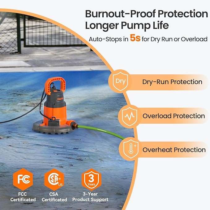 Cleartide Smart Automatic Pool Cover Pump, 1/3 HP 2790 GPH with Auto On/Off & Freeze Protection, Pump for Inground/Above Ground Winter Pool Covers, Dual Mode, 25ft Cord, 120V AC