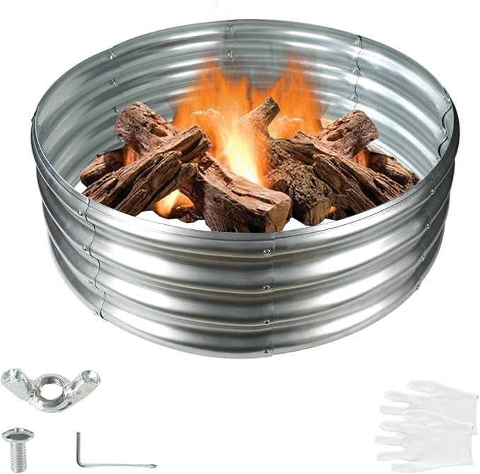 YSEJOMP 32 Inch Diameter Round Galvanized Fire Pit Ring/Fire Ring - Foldable and Perfect for Outdoor Gatherings and Campfires in The Yard/Garden/Park/Beach (Silver, 2.7 FT Diameter)