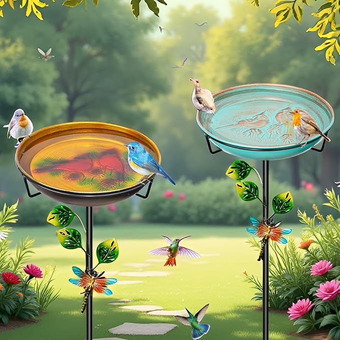 Metal Bird Bath for Outside, 35.4In Vintage Freestanding Garden Birdbaths & Birdfeeder with Upgraded 5 Prongs Base, Bird Baths Feeder Water Bowl for Outdoors Patio Yard Lawn Art Decor (Retro Green)