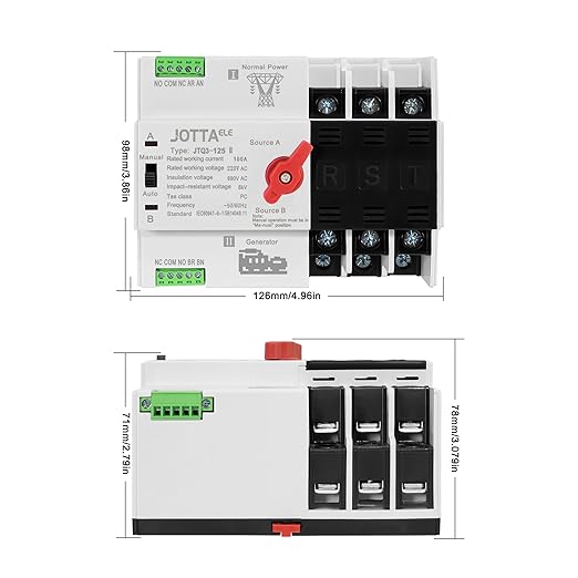 JOTTAELE ATS,Mini Size ATS,Automatic Transfer Switch 3P 100A 220V 50/60Hz,Changeover Switch for Generator,Household Emergency Switch for Power Supply