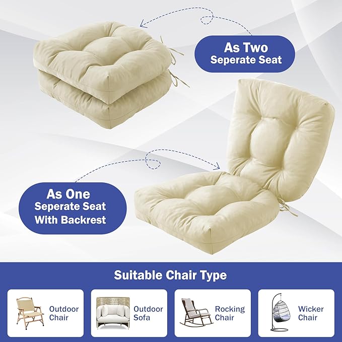 IPYNBAP Outdoor Chair Cushions Set of 2, Patio Chair Cushions with Ties, 19x19+5” Tufted Outdoor Seat Cushions, Waterproof Patio Furniture Cushions, Outdoor Dining Chair Pads, Beige