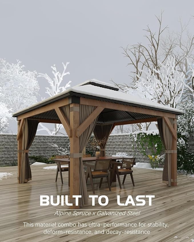 10’X10’ Spruce Wood Hardtop Gazebo with Double Metal Roof, Heavy-Duty 4.7" Poles, Curtains & Netting, All-Weather Outdoor Pavilion for Patio, Deck, Backyard, Lawn, Khaki – Easy Assembly