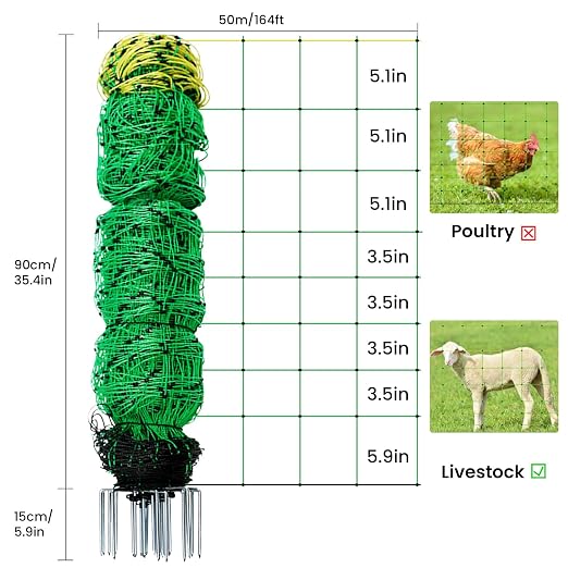 Electric Fence Netting, 164'L x 35.4" H Movable Livestock Nets for Sheep, Hogs, Cattle, PE Net Fencing Kit with 14 Posts Double Spiked, Electric Fencing for Backyards, Homesteaders, Farms Ranches